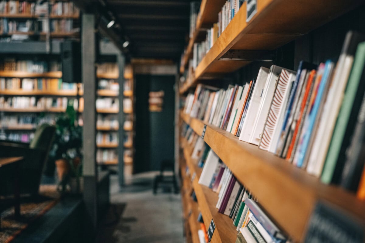 Books on shelves in a library